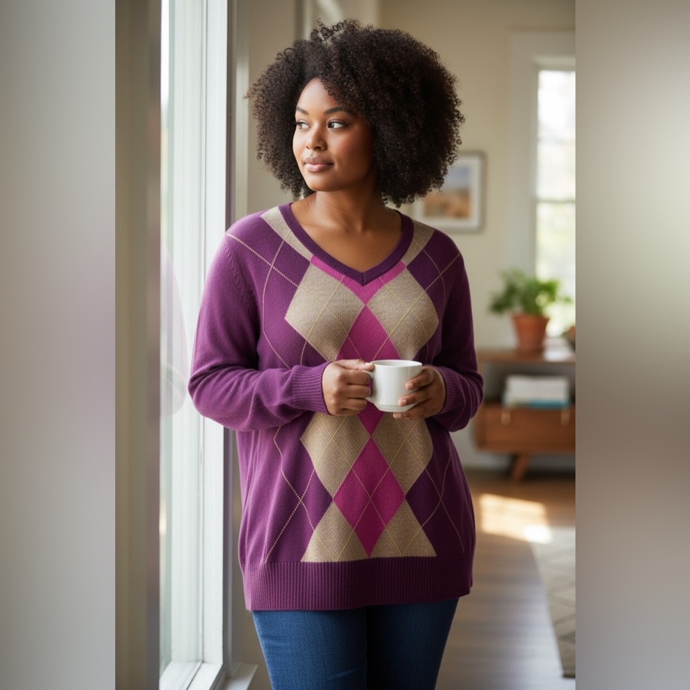 Izod Women's V-Neck Sweater in Purple and Pink Argyle